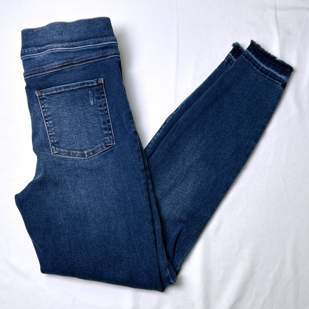 Spanx Womens Mid Rise Distressed Raw Hem Pull On Ankle Skinny Jeans Size M Blue